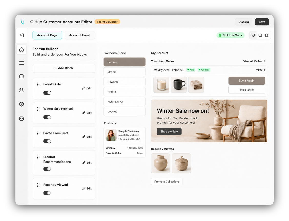 Actual C:Hub editor with configurable content blocks, account preview, Account Page and Account Panel tabs, and Save control