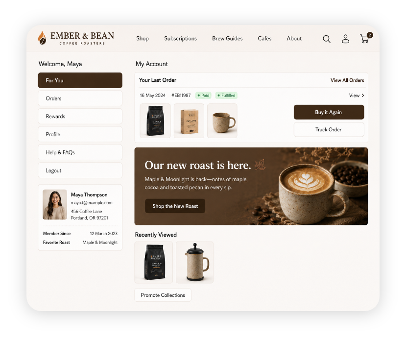 Ember and Bean storefront account with store navigation, recent order, Buy it Again, profile and coffee promotion