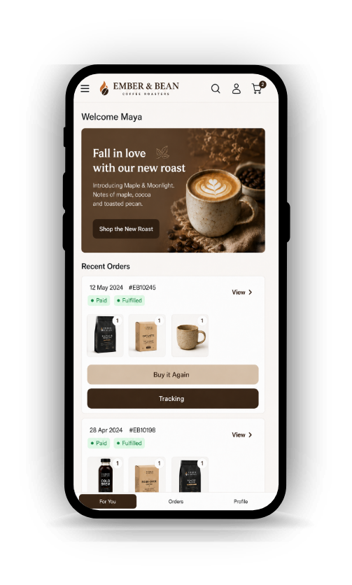 The same Ember and Bean account on mobile, including its bottom navigation