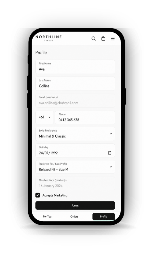 Actual customer profile with style and fit preferences, birthday, phone and marketing preference fields